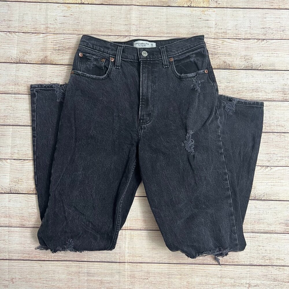 Abercrombie & Fitch The '90s Straight Ultra High Rise Distressed Black Jeans |26